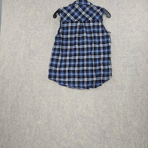 Sans Souci Women’s Sleeveless Plaid Button-Up Shirt Blue & White 100% Cotton - Picture 2 of 6